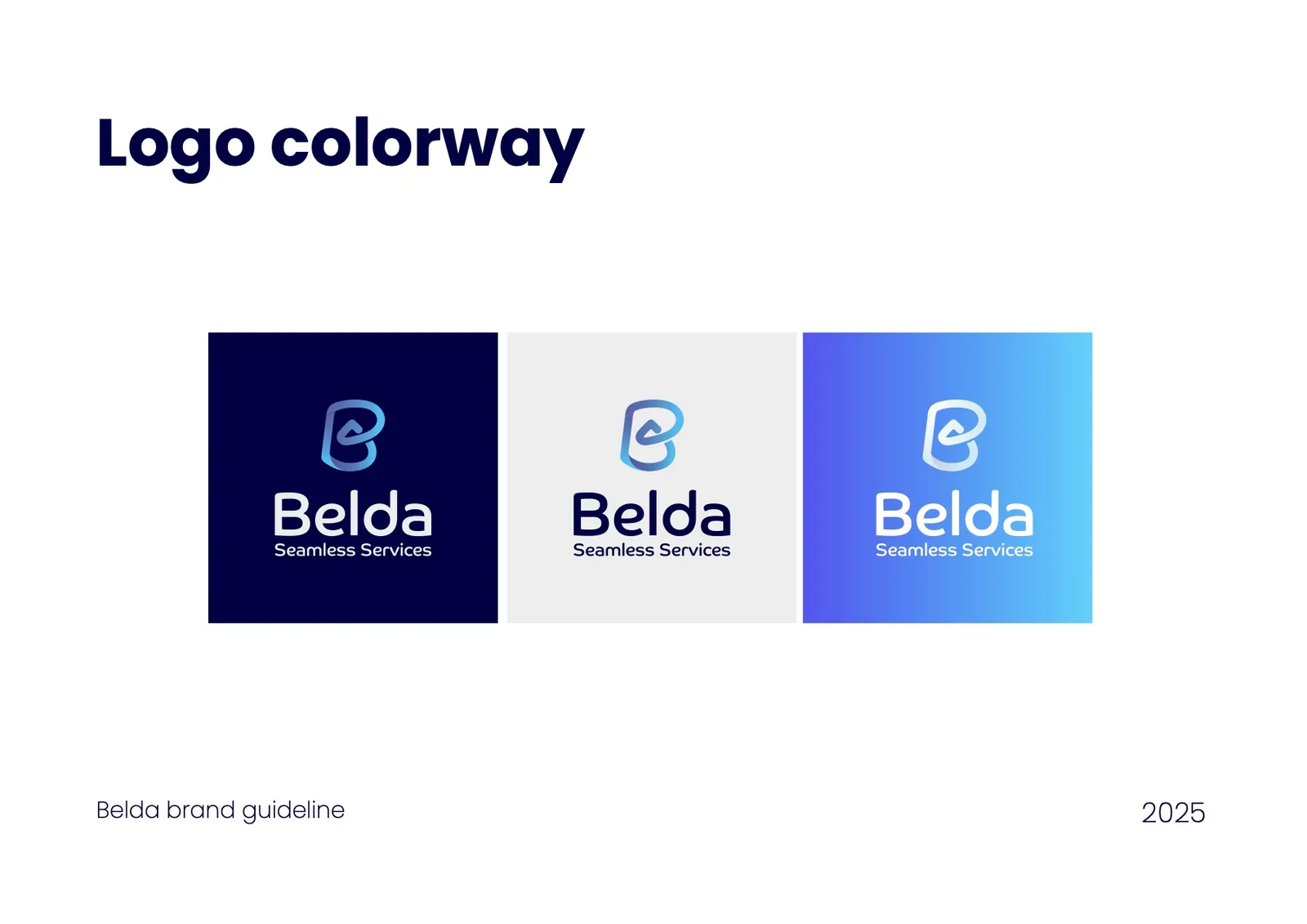 Belda brand guideline: logo colourways on dark blue, light grey and gradient