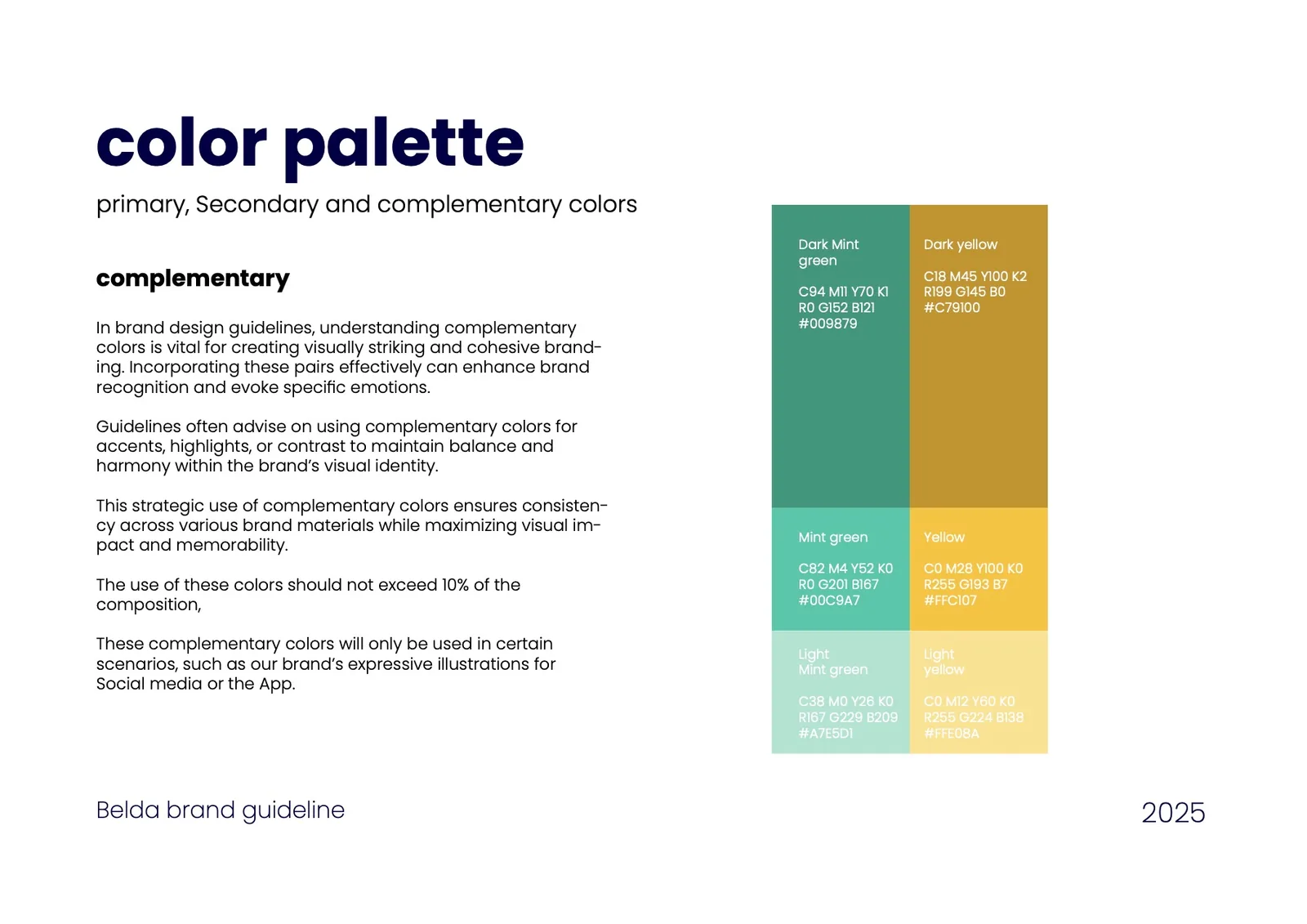 Belda brand guideline: complementary mint and yellow palette