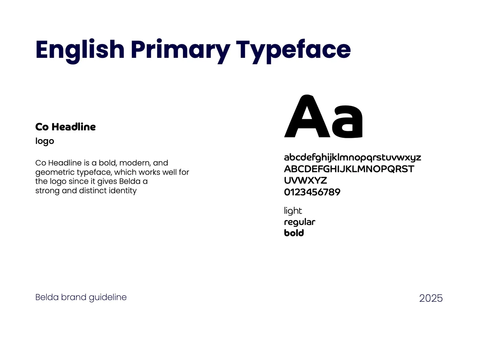 Belda brand guideline: Co Headline primary typeface