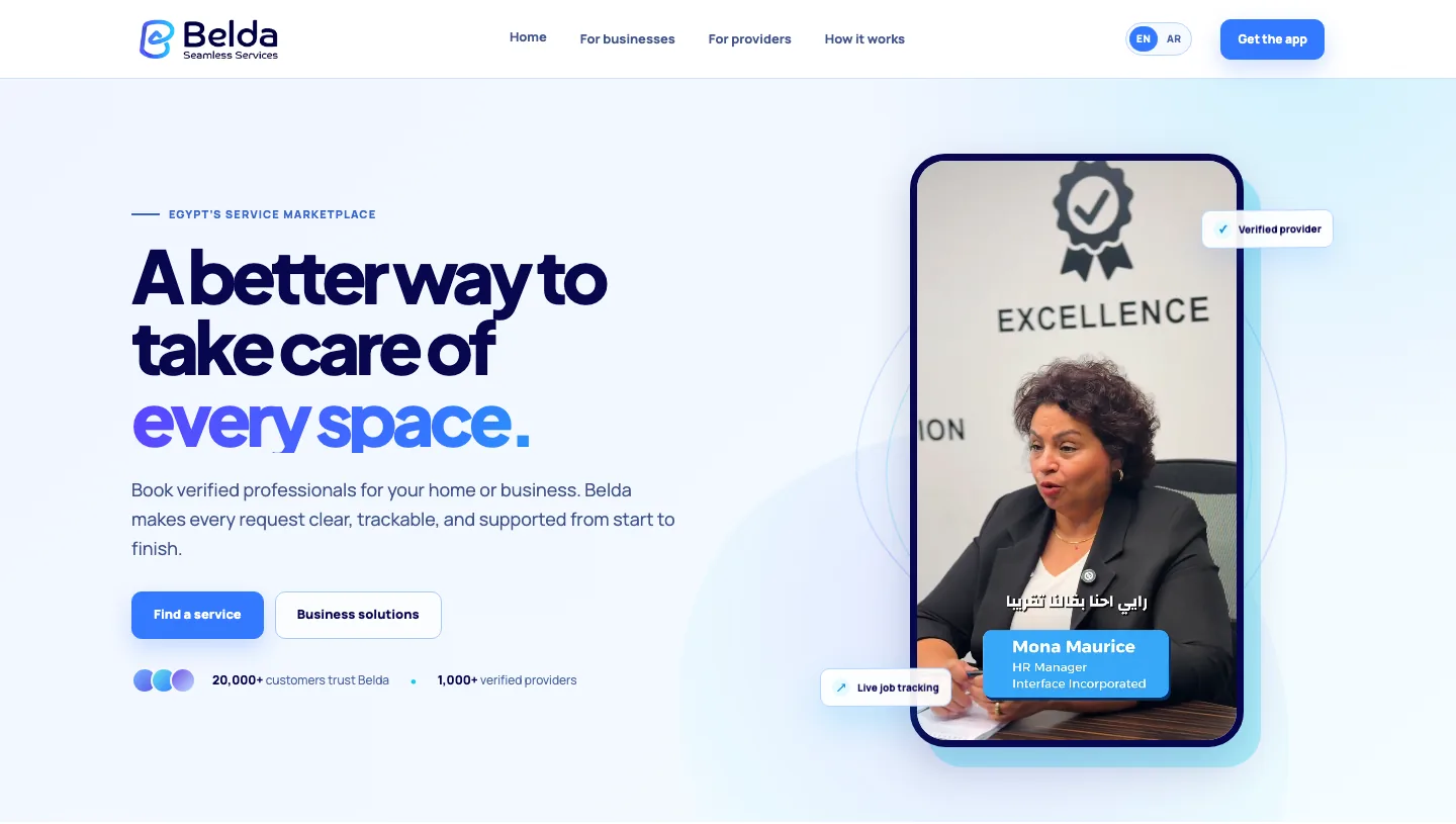 belda.app home page hero: A better way to take care of every space