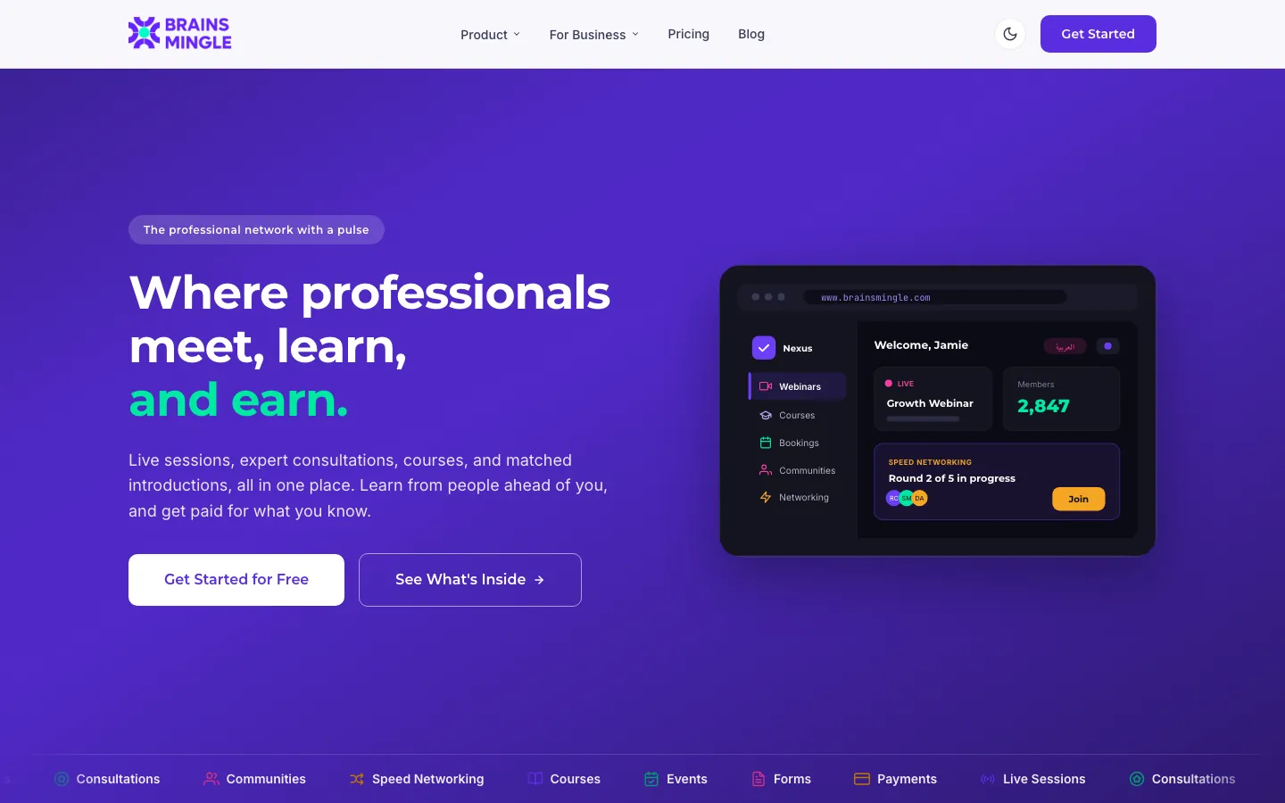 BrainsMingle guest view: Where professionals meet, learn, and earn