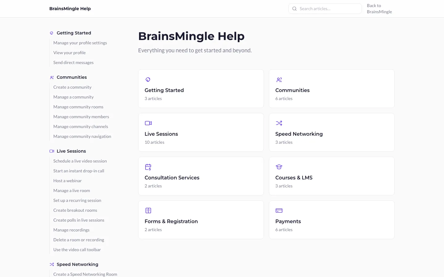 BrainsMingle Help Centre: eight categories of articles