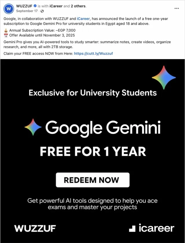 WUZZUF launch post: Google Gemini free for one year for university students