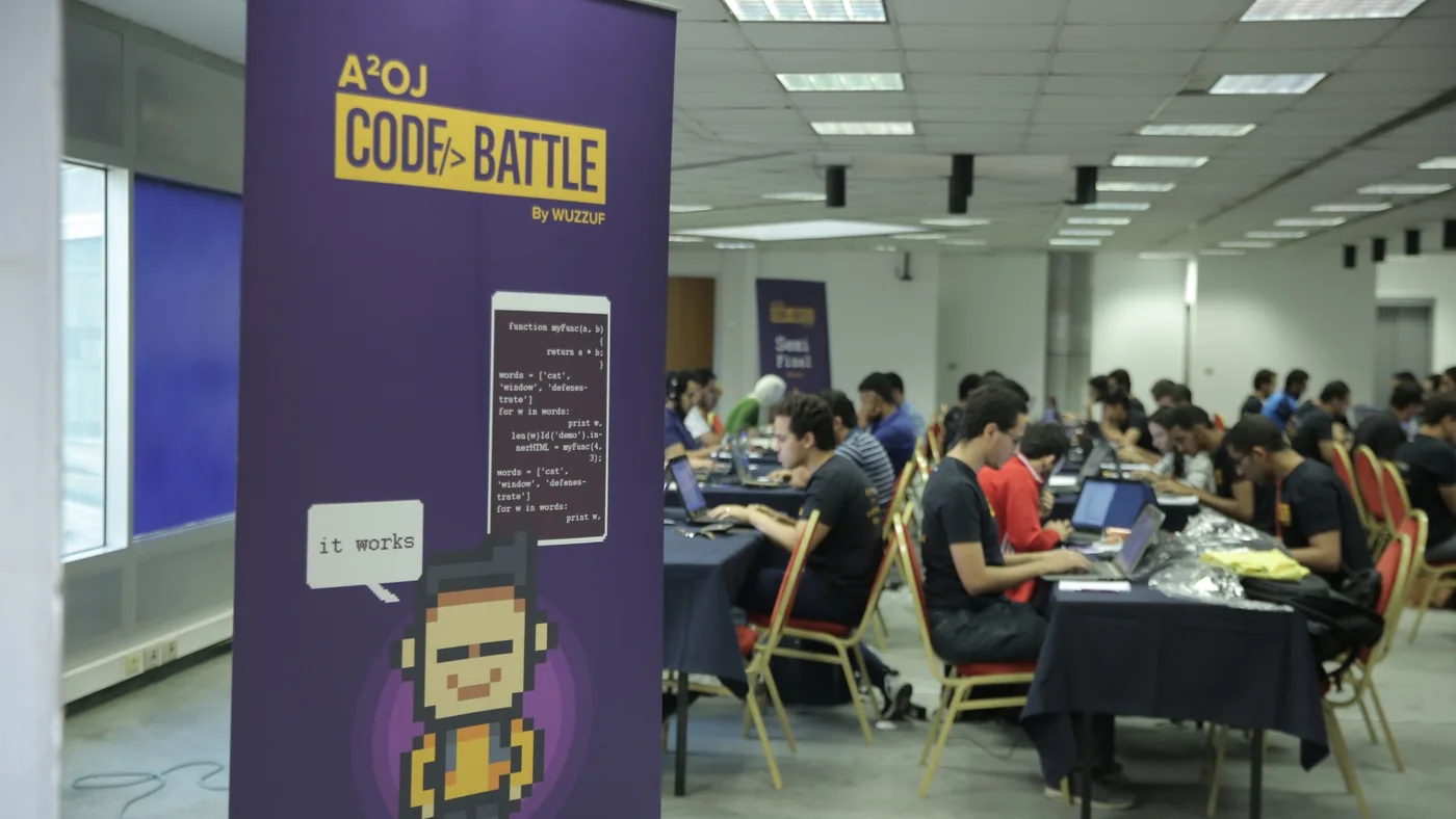 The semi-final room with the Code Battle banner